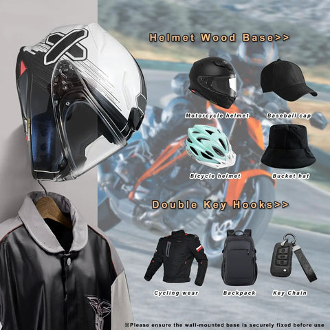 Heavy Duty Bike Helmet Wall Mount With Two Key Hooks Solid Wood Base And Steel Frame Rugged Gear Hanger for helmets and jackets
