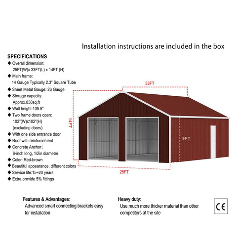 Installation diagram of Full Size Metal Garage Shelter 25 By 33 Ft Galvanized Steel Barn Shed With Dual Wide Doors.