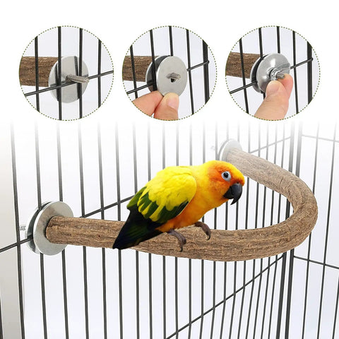 Natural Wood U Shaped Bird Perches For House Cage 2 Pack, showcasing secure attachment with metal wing nuts, ideal for small birds.