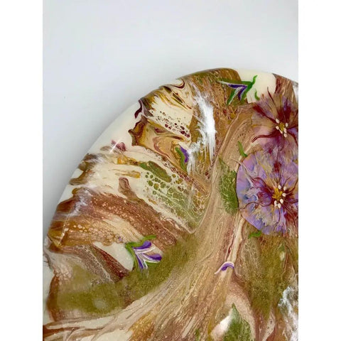 Close-up of floral epoxy design on 18 Inch Floral Epoxy Resin Lazy Susan With Turquoise Painted Wooden Base Farmhouse Serving Tray