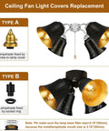 Comparison of Ceiling Fan Light Covers Replacement with metal bell shaped covers for Type A and Type B fittings, showing black exterior and golden interior.