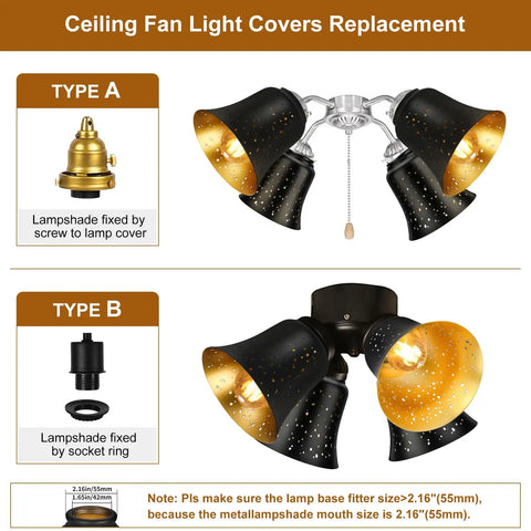 Comparison of Ceiling Fan Light Covers Replacement with metal bell shaped covers for Type A and Type B fittings, showing black exterior and golden interior.