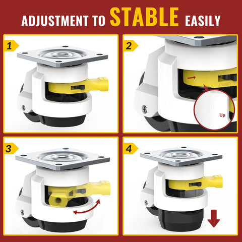 Leveling Casters With Ratchet Handle Design For Heavy Duty Industrial Use Total Capacity 2200 Lbs Set Of 4 With Adjustable Leveling Pads TD60 adjustment steps
