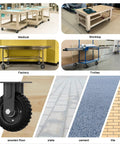 Collage featuring workbenches, trolleys, factory tables, and a black rim wheel; surfaces include wooden floor, slate, cement, tile