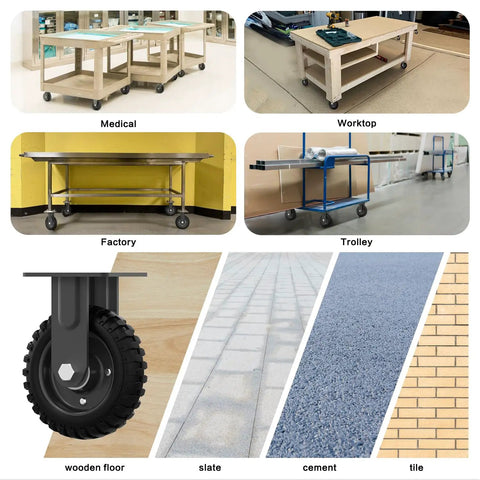 Collage featuring workbenches, trolleys, factory tables, and a black rim wheel; surfaces include wooden floor, slate, cement, tile