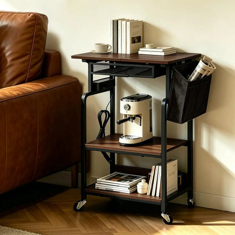 Slick Rolling Three Tier Coffee Station Cart With Built In Power Panel And Roomy Storage Shelf For Mastering Your Daily Grind And Charging Tech Without Hassle, featuring espresso machine and books.