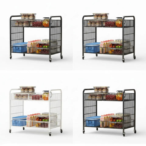 Heavy Duty Workhorse Two Tier Rolling Cart With Reinforced Wrought Iron Grid Shelves And Seamless Four Way Swivel Casters For No Hassle Storage Or Casual Serving In Polished White, featuring dual tier design and storage.
