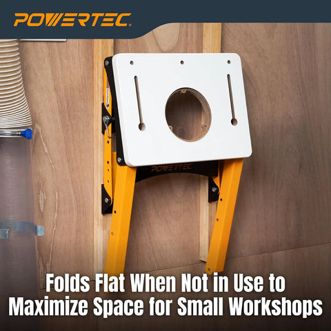 Heavy Duty Folding Router Table Stand With Adjustable Height Workstation Base For Trim Routers wall-mounted in a small workshop.