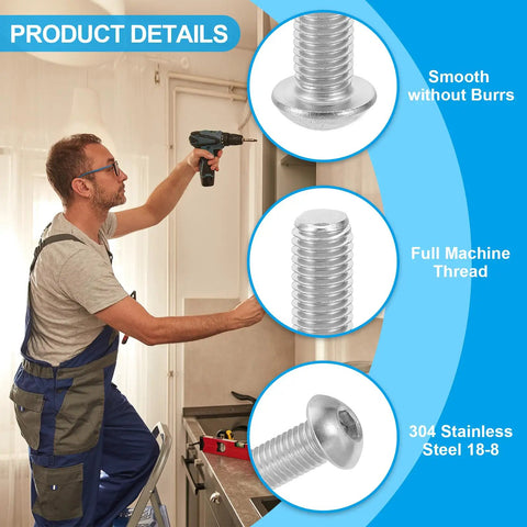 Top Shelf Heavy Duty Button Head Socket Cap Screws, 20 Pack Number 10-32 By 3/8 Inch 304 Stainless Steel with smooth, full thread detail.
