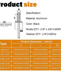 Product size chart for Black Aluminum Pop Rivets With Stainless Steel Washers One Eighth Inch By Three Eighths Inch 250 Piece Blind Rivet Kit