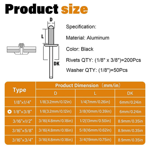 Product size chart for Black Aluminum Pop Rivets With Stainless Steel Washers One Eighth Inch By Three Eighths Inch 250 Piece Blind Rivet Kit