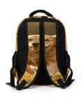 Back view of Happy Sprinting Golden Dog Print Unisex Backpack with large capacity, durable polyester, and smooth zippers.