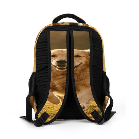 Back view of Happy Sprinting Golden Dog Print Unisex Backpack with large capacity, durable polyester, and smooth zippers.