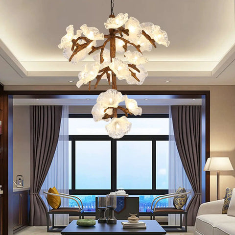 Tree Branch Ceiling Pendant Light Straight Up Fresh Statement Chandelier Top Shelf Adjustable Hanging Lamp in a modern living room.