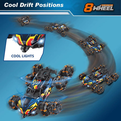 Epic 8 Wheel Hand Controlled RC Stunt Car with Gesture Sensing Remote showcasing cool drift positions with lights