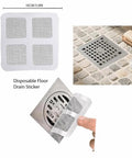 100 Pcs Disposable Shower Drain Hair Catchers Mesh Adhesive Covers for floor drain, showing traps and application on drain.