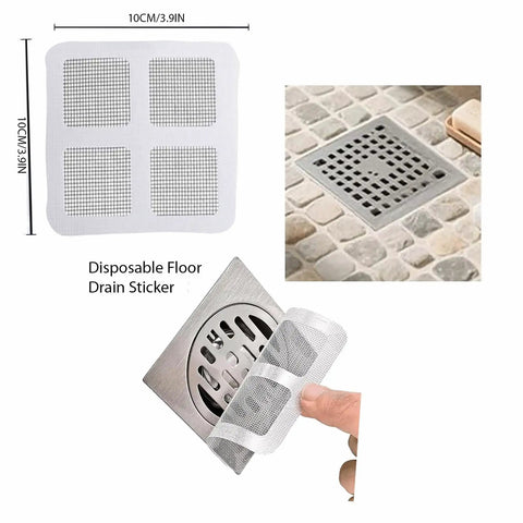 100 Pcs Disposable Shower Drain Hair Catchers Mesh Adhesive Covers for floor drain, showing traps and application on drain.
