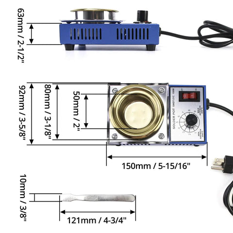Pro Grade Electric Solder Pot 150W 110V With 50mm Titanium Solder Bath Plate, 500g Capacity, top view showing dimensions