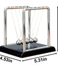 Cradle Balance Pendulum Balls Set With Black Base, Kinetic Fidget Desk Toy for Stress Relief showcasing dimensions 5.51 x 5.31 x 4.53 inches