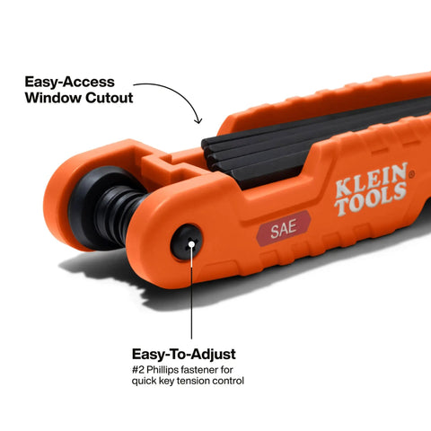 Heavy Duty Folding Hex Key Set With Extra Long Allen Wrenches 11 SAE Sizes in an orange handle with easy-access window cutout.