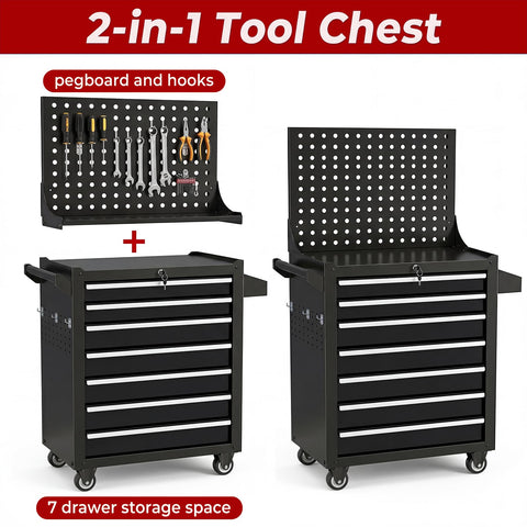 Rolling Tool Chest With Wheels For Garage Or Workshop, 7 Drawers Metal Tool Box With Pegboard, Heavy Duty Steel Construction