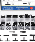 Glarks 113-piece black nylon vacuum tubing connectors set for automotive hose, 12 sizes in clear storage box, front view