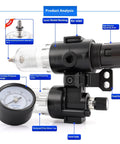 Diagram of Pro Grade Compressed Air 3 In 1 Filter Regulator Lubricator With Gauge Auto And Semi Auto Drain 1/4 Inch NPT, labeled parts
