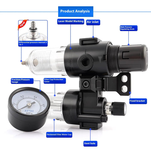 Diagram of Pro Grade Compressed Air 3 In 1 Filter Regulator Lubricator With Gauge Auto And Semi Auto Drain 1/4 Inch NPT, labeled parts