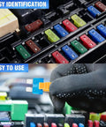 Dope 75 Pack 15 Amp Mini Car Blade Fuses for Cars RVs Trucks SUVs Motorcycles and Boats 32V in fuse block and gloved hand