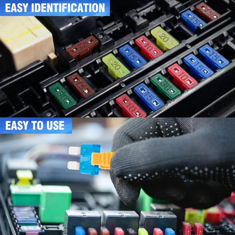 Dope 75 Pack 15 Amp Mini Car Blade Fuses for Cars RVs Trucks SUVs Motorcycles and Boats 32V in fuse block and gloved hand