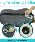 Vive Inflatable Lumbar Pillow For Car Office Airplane Travel Comfort Adjustable Firm Neck Pain Sciatica Relief Compact Portable Camping Bed Support Seat Backrest Cushion With Strap showing inflate deflate mechanism with push button.