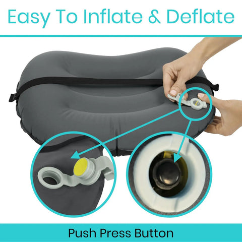 Vive Inflatable Lumbar Pillow For Car Office Airplane Travel Comfort Adjustable Firm Neck Pain Sciatica Relief Compact Portable Camping Bed Support Seat Backrest Cushion With Strap showing inflate deflate mechanism with push button.