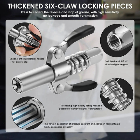 Close-up of six-claw locking coupler from Electric Grease Gun Drill Adapter Kit With 14 Oz Load, showing pressure-resistant design.