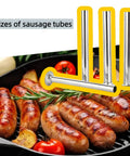 4-Pack Universal Sausage Stuffer Tubes with four diameters for LEM 606, next to grilled sausages and vegetables