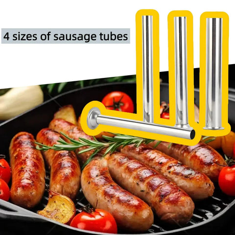 4-Pack Universal Sausage Stuffer Tubes with four diameters for LEM 606, next to grilled sausages and vegetables
