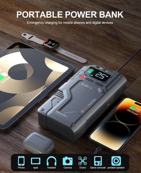 Go To Roadside Lifesaver Jump Starter With Air Compressor 5 In 1 Power Pack charging multiple devices.