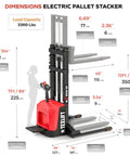 Dimensions of High Capacity Walkie Pallet Stacker With Electric Power, 3300 lb capacity, 138 inch lift height, adjustable forks.