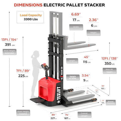 Dimensions of Rock Solid Full Electric Walkie Pallet Stacker Forklift 3300 Lb Capacity, max lift height 138 inch.