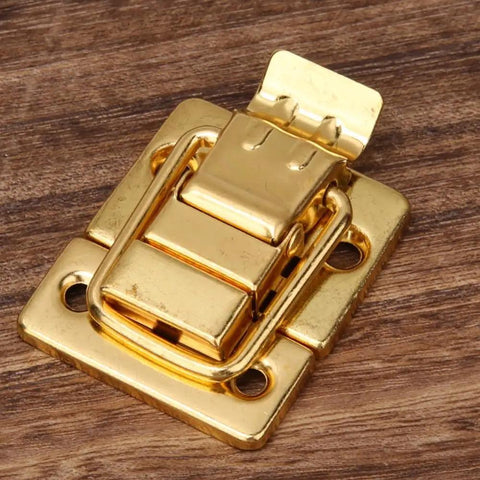 Old School Toggle Hasp Latches Set Gold Tone Metal Buckle Locks 28x40mm on wooden surface