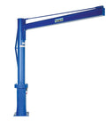 Built Like A Tank Premium Transportable Multi Station Jib Crane with 8 ft arm, blue steel construction, for heavy lifting in workshops.