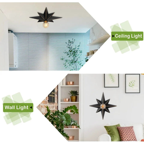 16 Inch Industrial Black Metal Star Flush Mount Ceiling Light With Vintage Farmhouse Vibe shown as ceiling and wall fixture