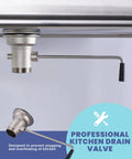 Heavy-Duty Brass Commercial Sink Drain With Twist Handle For Three And A Half Inch Openings, shown installed in sink