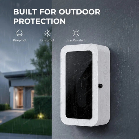 Hella Tough Outdoor EV Charger Enclosure With Combination Lock and Rock Solid Weatherproof Cover for Tesla Charger ports, mounted, rainproof.