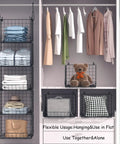 4 Tier Closet Hanging Organizer With 5 S Hooks Freestanding Wire Bins And Shelves, showcasing folded clothes and accessories in a closet.