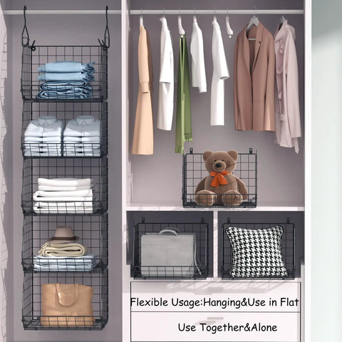 4 Tier Closet Hanging Organizer With 5 S Hooks Freestanding Wire Bins And Shelves, showcasing folded clothes and accessories in a closet.
