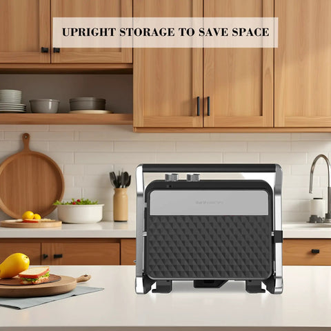 4 Slice Panini Press Contact Grill With Removable Non Stick Coated Plates Temperature Control Timer And Open 180 Degree Design For Cooking Sandwiches Steaks Sausages Quesadillas Half Black Stainless Steel Finish in upright storage position on kitchen counter.