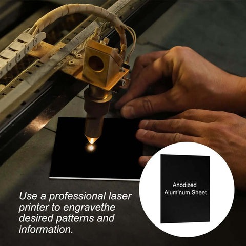 Laser engraving machine working on Anodized Aluminum Sheets 10 Pcs Black 7 By 5 By 1 Thirty Second Inch 0.8mm Thick Rectangle Metal Plates.