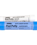 Two-part epoxy Pool Putty resin and hardener set for easy DIY pool and spa repairs, stops cracks on concrete and fiberglass surfaces.