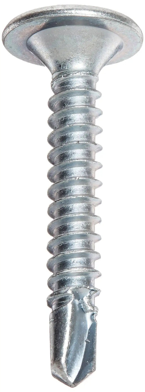 Badass Steel Self Drilling Screws With Zinc Plated Finish And Wafer Head Star Drive For Smooth Operation Number 10 Thread Size 1-1/4 Inch Length Pack Of 50 Tough Fasteners close-up view of zinc plated steel screw with wafer head and star drive.