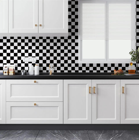 Peel And Stick Mosaic Checkered Black And White Wallpaper Self Adhesive Contact Paper for kitchens above cabinets.